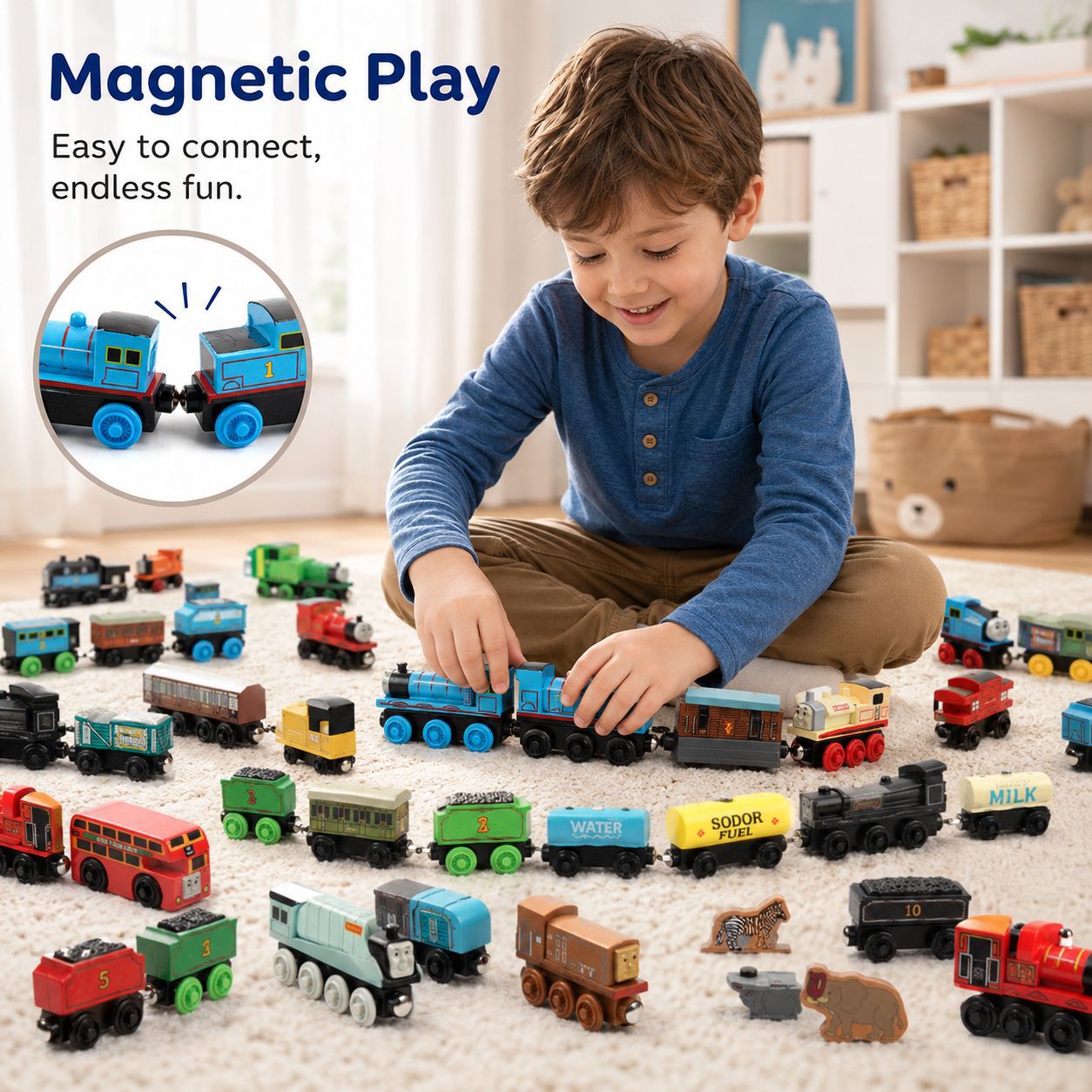 Tren magnético de madera para niños, juguete de madera compatible con Mas, locomotora de vía, decoración de pasteles, venta al por mayor