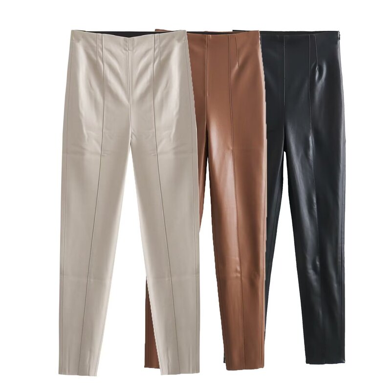 Europe and the United States cross-border wholesale 2024 new vintage fashion slim imitation leather straight pants high waist thin leggings leather pants women