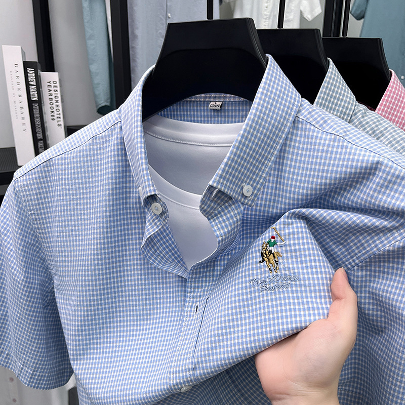 2026 Summer Men's New Style 00 Cotton Guangdong Shirt, Fine Checkered Texture, Classic Embroidery, Exquisite Workmanship
