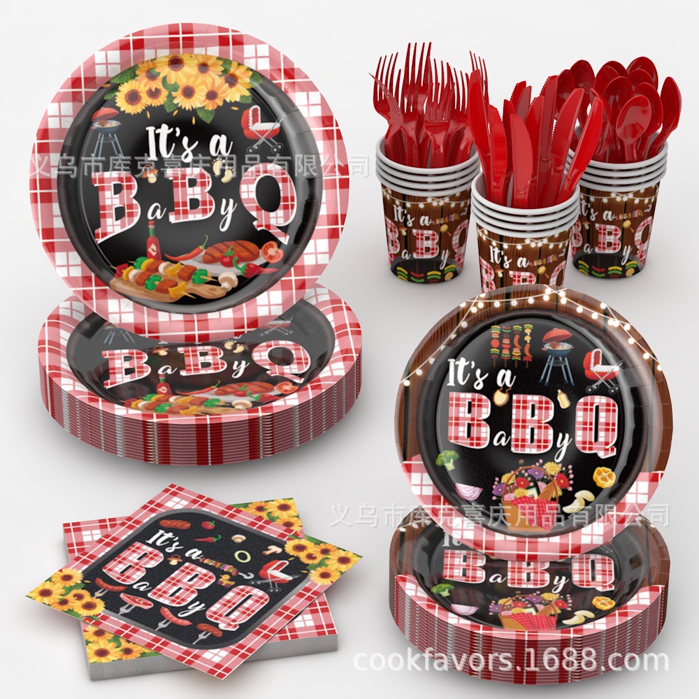 BBQ transfronterizo suministros de decoración de fiesta de baño de bebé bautismo de bebé bandeja de papel desechable taza de papel para tirar de la decoración de la bandera