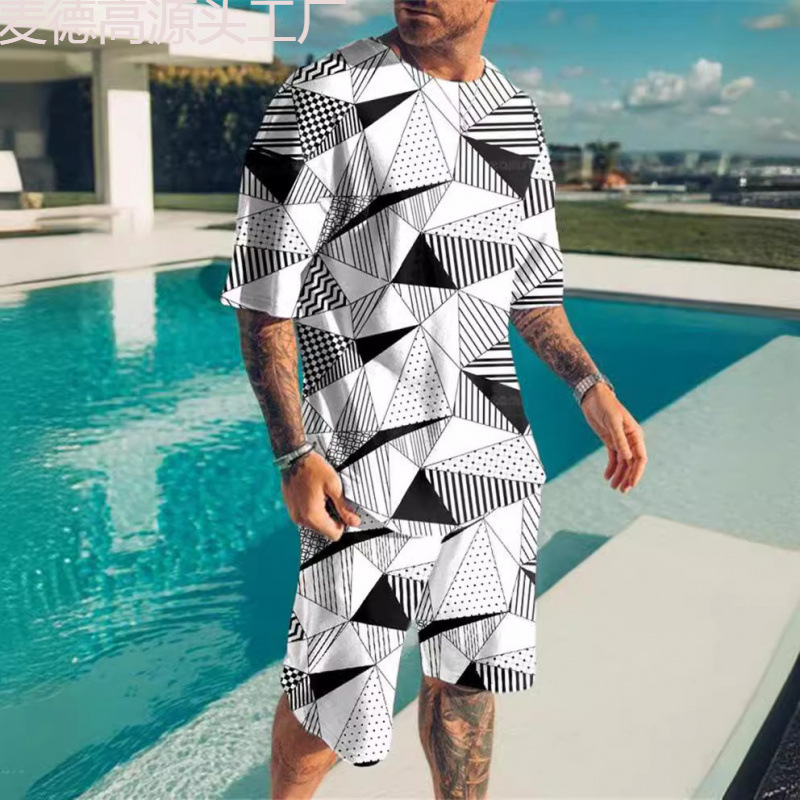 2022 AliExpress verano europeo y americano traje de hombre 3D impresión digital pantalones cortos de manga corta moda deportiva traje de dos piezas