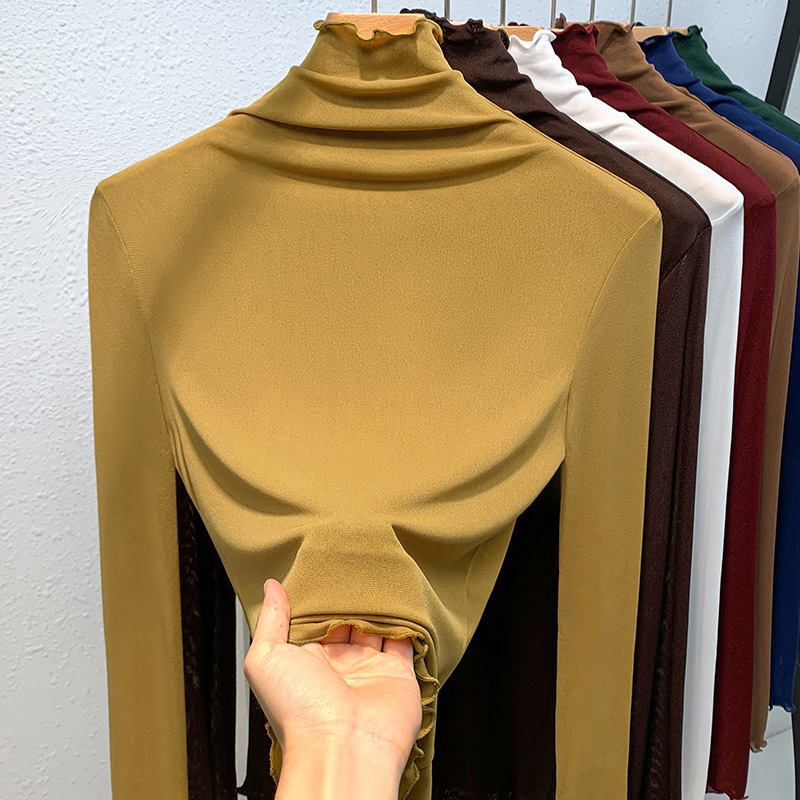 여성용 하이넥 이너웨어 2025 신상 여성복 섹시한 망사 스타일리시 탑 신축성 있는 이너웨어 러플 상의