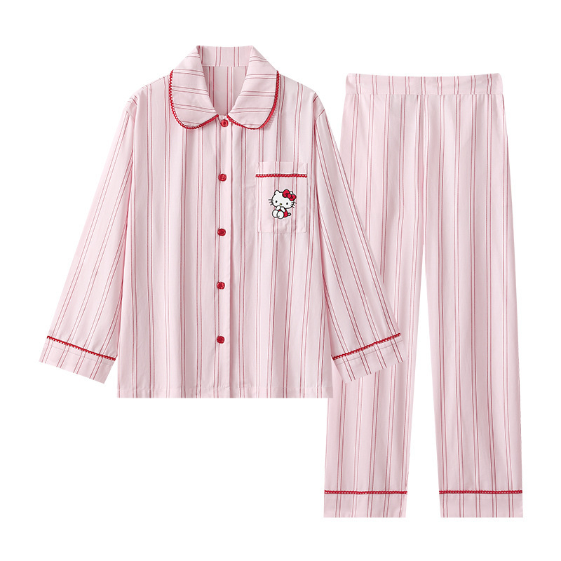 HelloKitty凯蒂猫粉色条纹睡衣女春秋纯棉长袖甜美可爱卡通家居服|undefined
