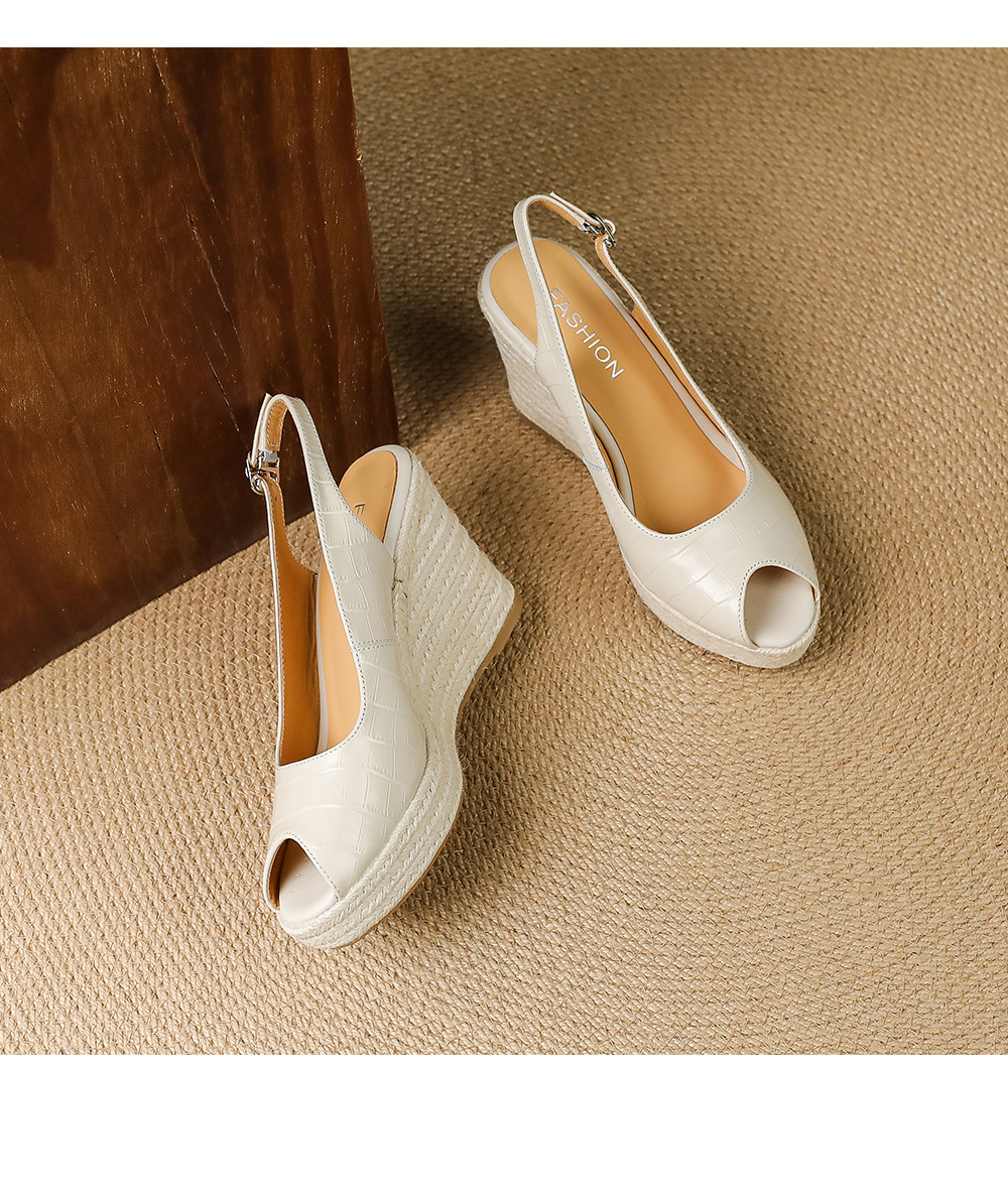 Sandal cao gót nữ hở mũi quai ngang đế xuồng đan rơm — màu trắng ngà, màu vàng chi tiết 17