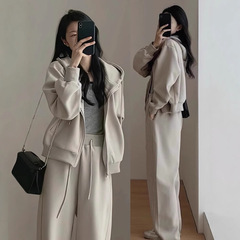 初秋の服装、女性用ティーセット一式、フード付きスウェットシャツ、ワイドパンツ、スポーツカジュアル2点セット、ブラック