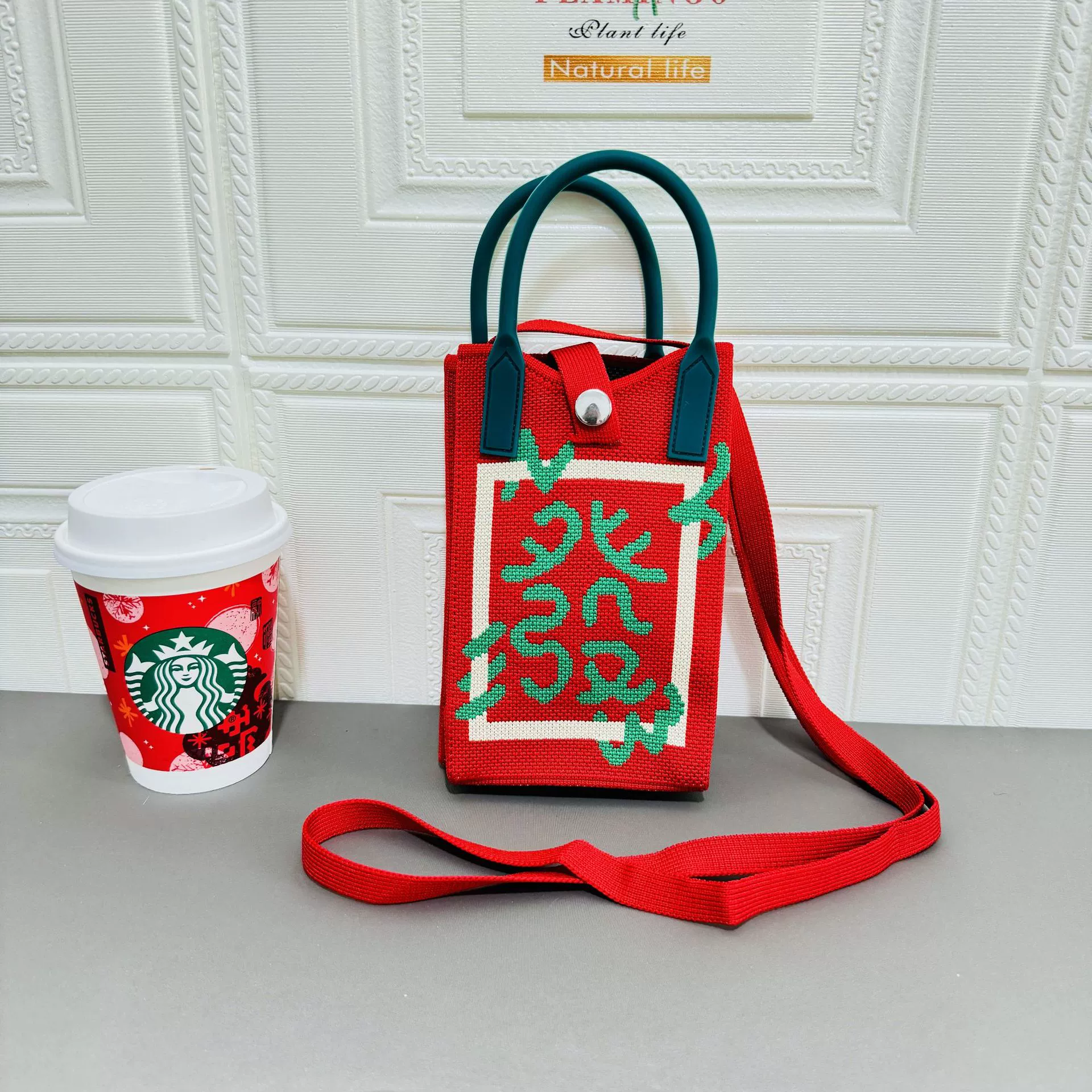 Universal capacious knitted shoulder bag, red festive gift box, purse