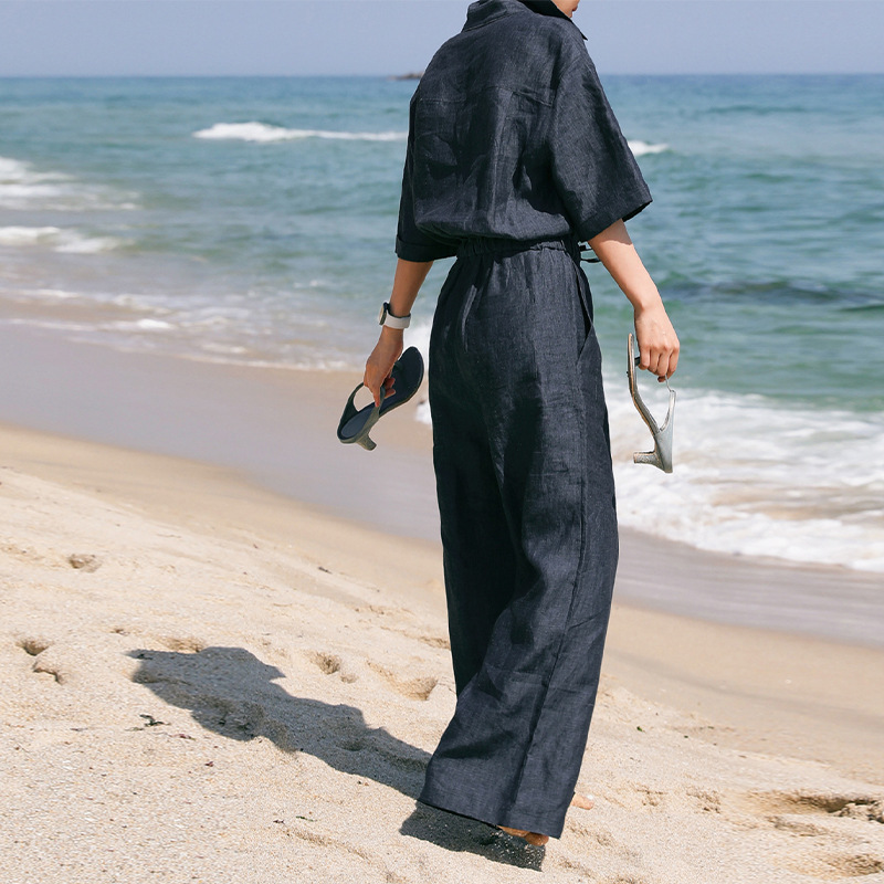 Mono de lino puro para mujer, diseño de nicho, solapa, pantalones rectos de algodón y lino de manga corta, pantalones casuales sueltos y delgados