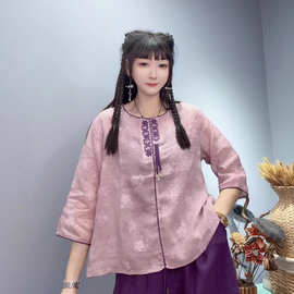 中国风复古苎麻T恤衫女2026夏季新款中式圆领纯色绣花流苏衬衣