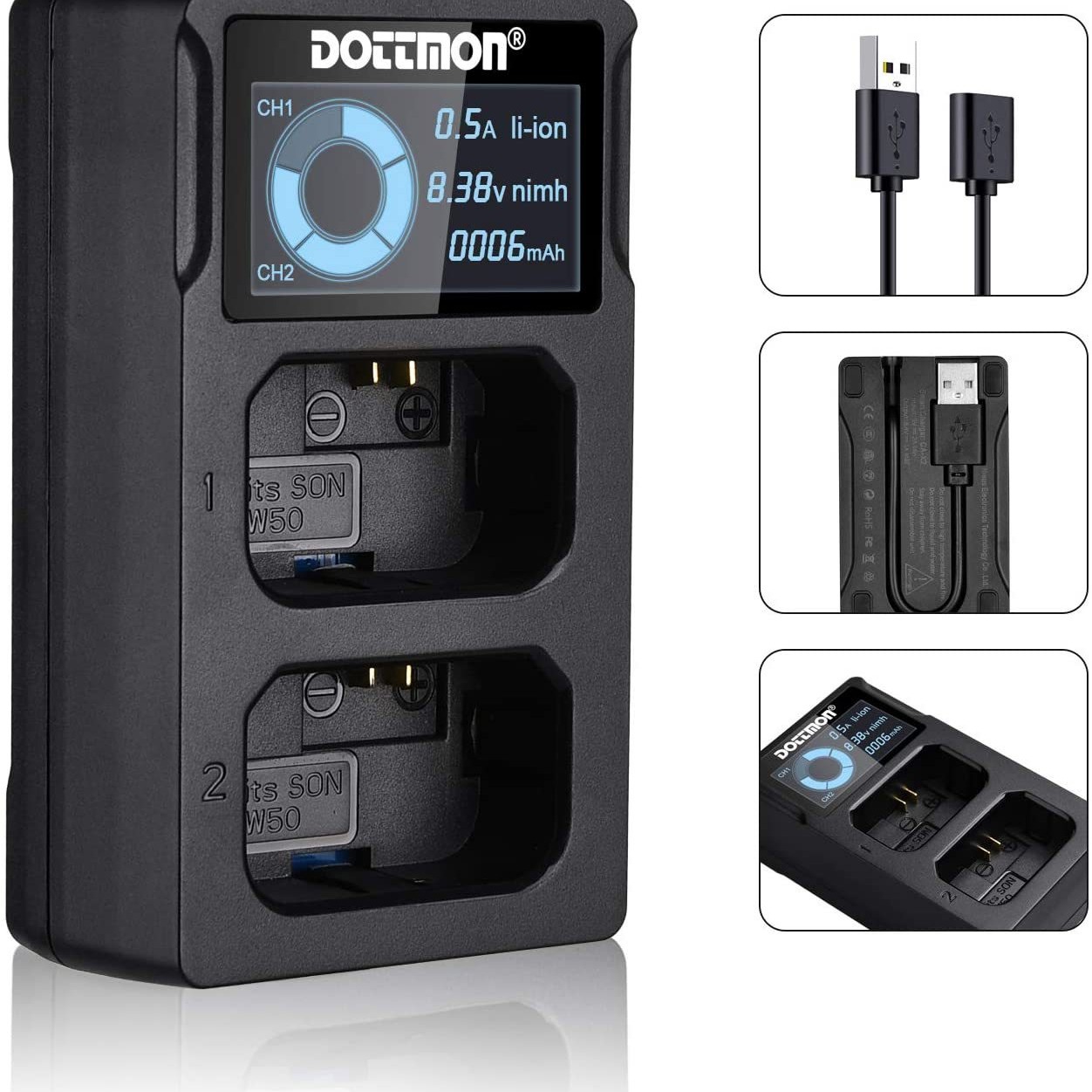 索尼NP-FW50相机电池充电器双槽USB快充液晶显示测电池容量A6400