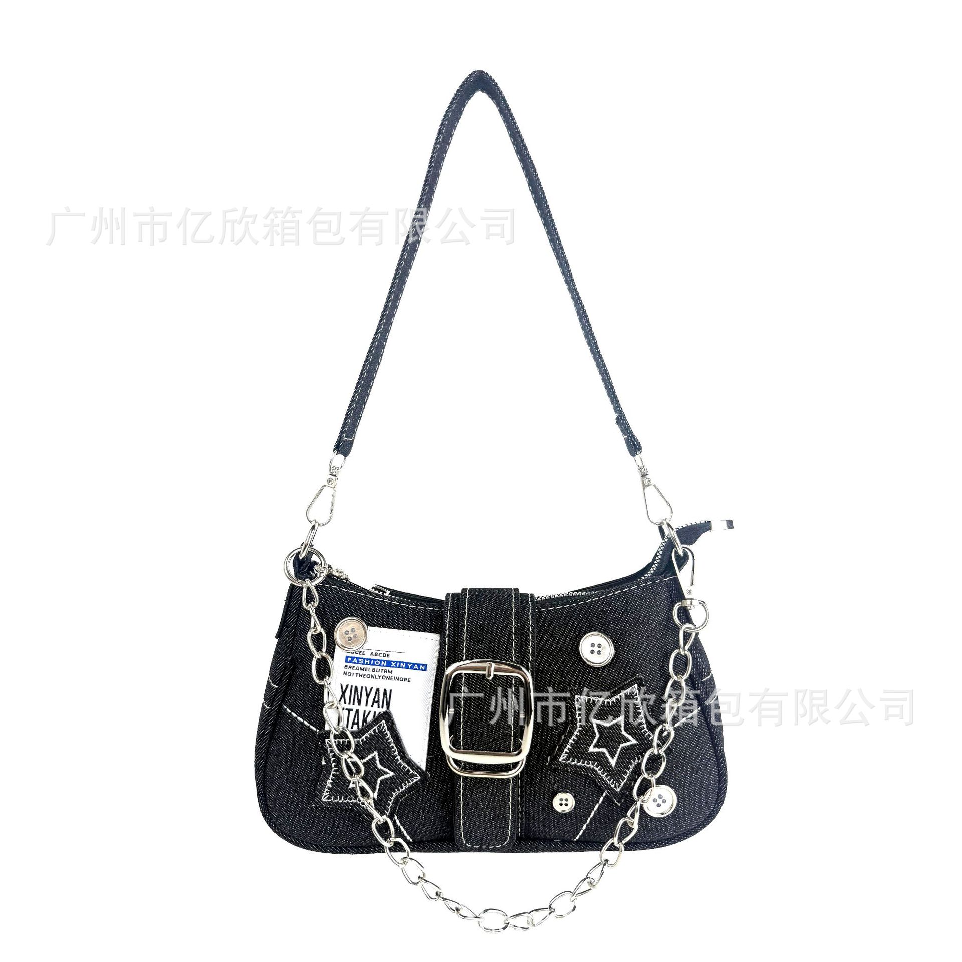 Women's Handbag, Trendy Star Denim Underarm Bag, Vintage Niche American-Style English Poster Chain Shoulder Bag