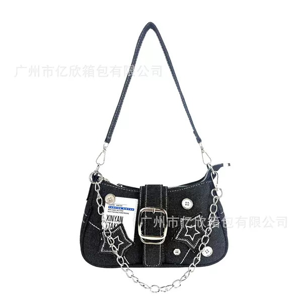 Women's Handbag, Trendy Star Denim Underarm Bag, Vintage Niche American-Style English Poster Chain Shoulder Bag