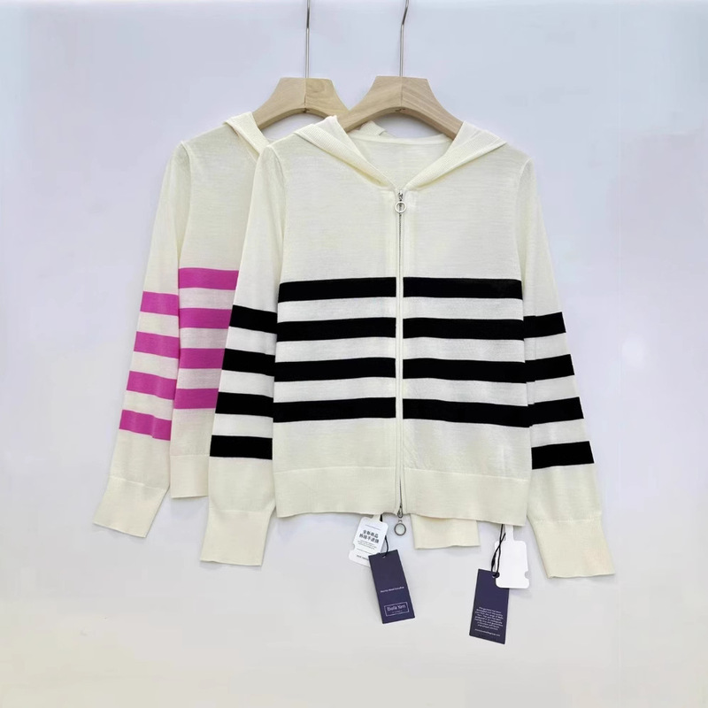 German Yangtze Wool 18g Striped Hooded Double-Zip Slim-Fit Knit Cardigan Top Loose Fit