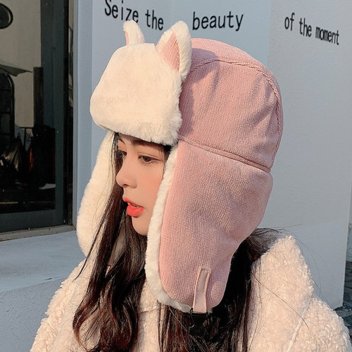 Autumn and Winter Cat Ear Balaclava Women's Cute Windproof Warm Riding Hat One-piece Ear-Protecting Mask Corduroy Cotton Hat