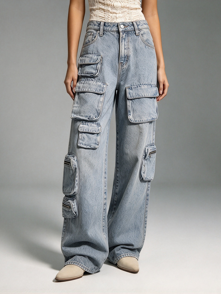 Vaqueros vintage de cintura alta en azul claro lavado para mujer, pantalones largos de moda con cremallera y bolsillos grandes, novedad de verano 2026