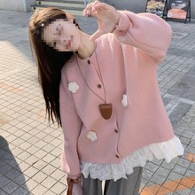 胖甜美风蕾丝拼接毛衣外套秋冬大码女装慵懒风遮肉显瘦针织开衫