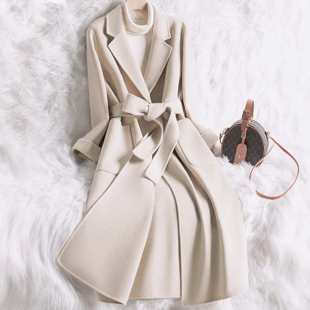 Double-Sided Cashmere Outwear for Women Mid-Length 2025 New Off-White Elegant Slim Spring Woolen Outwear for Women