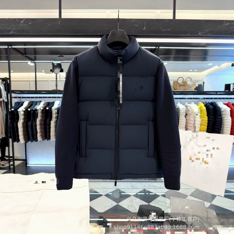 Cross-border D-brand down jacket with knitted patchwork, stand-up collar, goose down filling, embroidered logo, and thickened outer layer