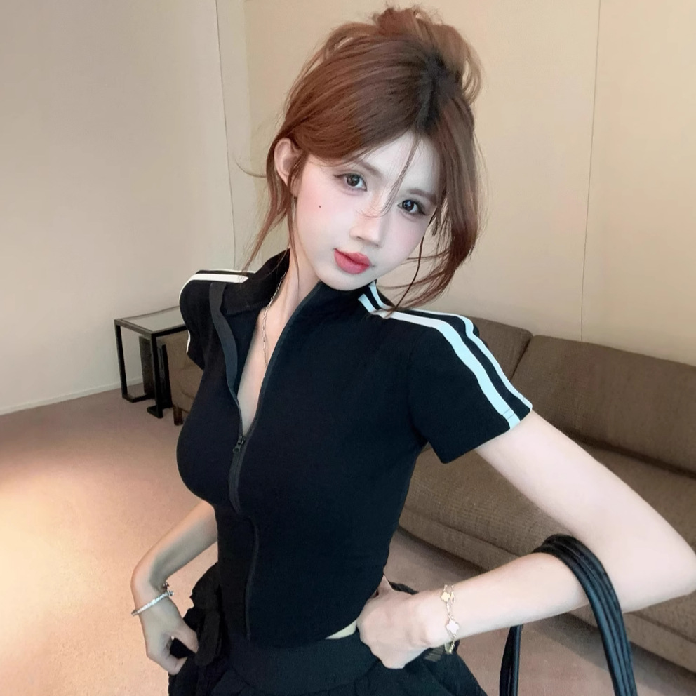 Small Sexy Pure Desire American Style Zipper Sports Short-sleeved T-shirt Women's Summer Slim-fit Slimming Short Contrast Color Pure Desire Shirt Women's T-shirt