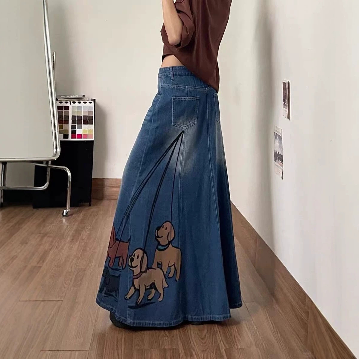 Summer denim skirt, retro long skirt, loose fit, maxi length