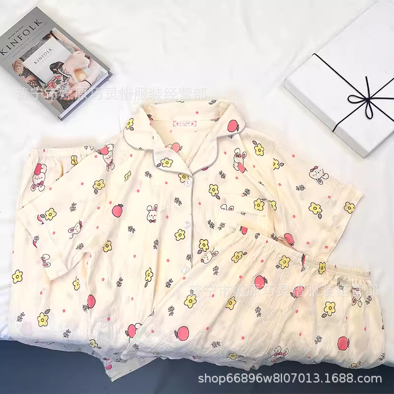 Red famosa nuevo pijama de mujer nubes de verano algodón pantalones cortos de manga corta pantalones largos de tres piezas de dibujos animados set de ropa para el hogar