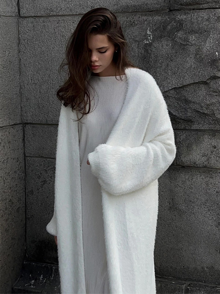 Áo cardigan len lông mềm dáng dài rộng cổ chữ V tay dài — hồng, màu xám, quần kaki