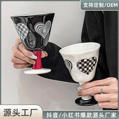 Home Ceramic Wine Glass Hand-poured Chessboard Pattern Snack Cup Black and White Retro Instagram Decor Tall Cup Cute Cup
