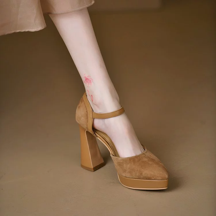 Elegant suede high heels platform, sandals pointed-toe with a strap low-cut, with side cutout in d'Orsay style, wide stable heel, spring 2025 collection