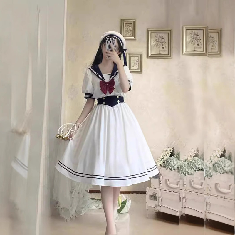 Sweet Academy Style Navy Collar JK Short-sleeved dress Summer Student Wear High Waist Slimming Midi A- line Skirt