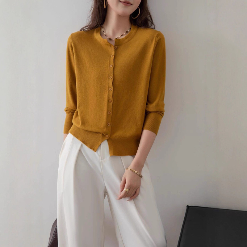Short Knitted Cardigan Spring and Autumn New Top Round Neck Versatile Shawl Jacket Women's Solid Color Long-Sleeved Sweater Casual
