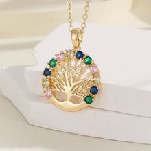 跨境欧美风新款个性创意设计时尚生命树项链女百搭彩色锆石圆形吊