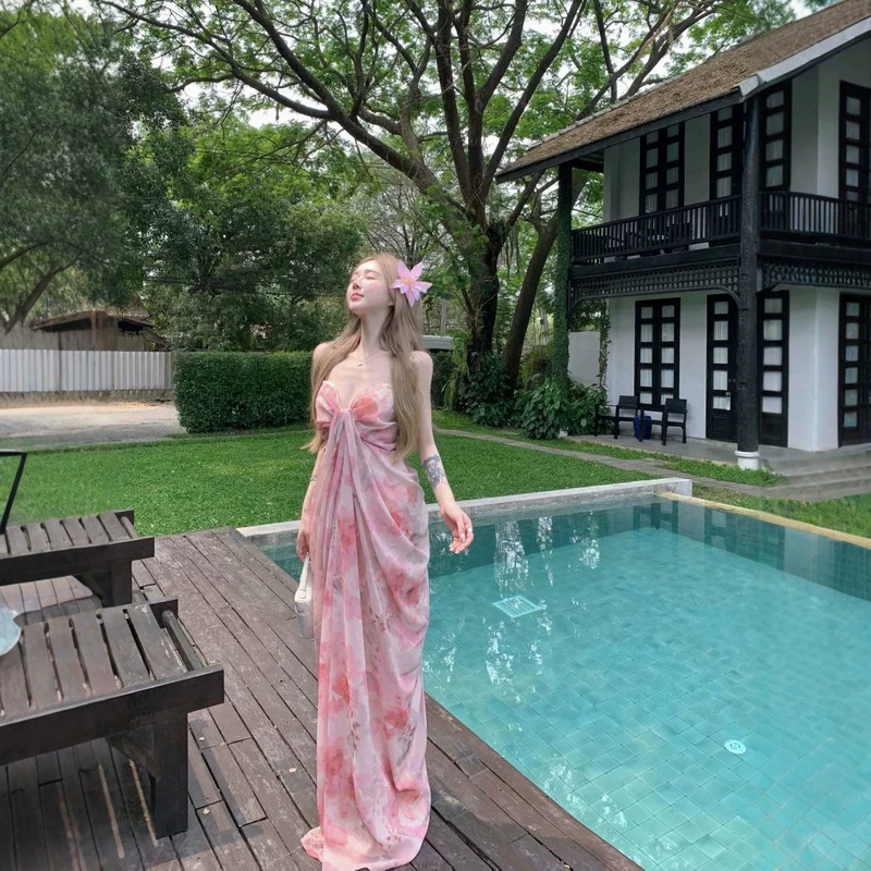 Beach Vacation High-End Beach Maxi Dress Pure Sexy Pink Floral Suspender Dress Women's Floor-Length Skirt