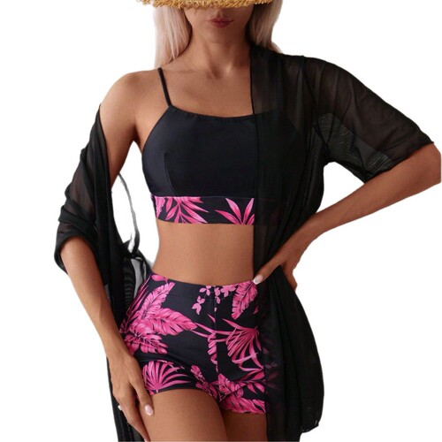 [European and American Style Women's Swimsuit] Printed Multi-color Ruffled Bustier Drawstring Briefs Swimsuit