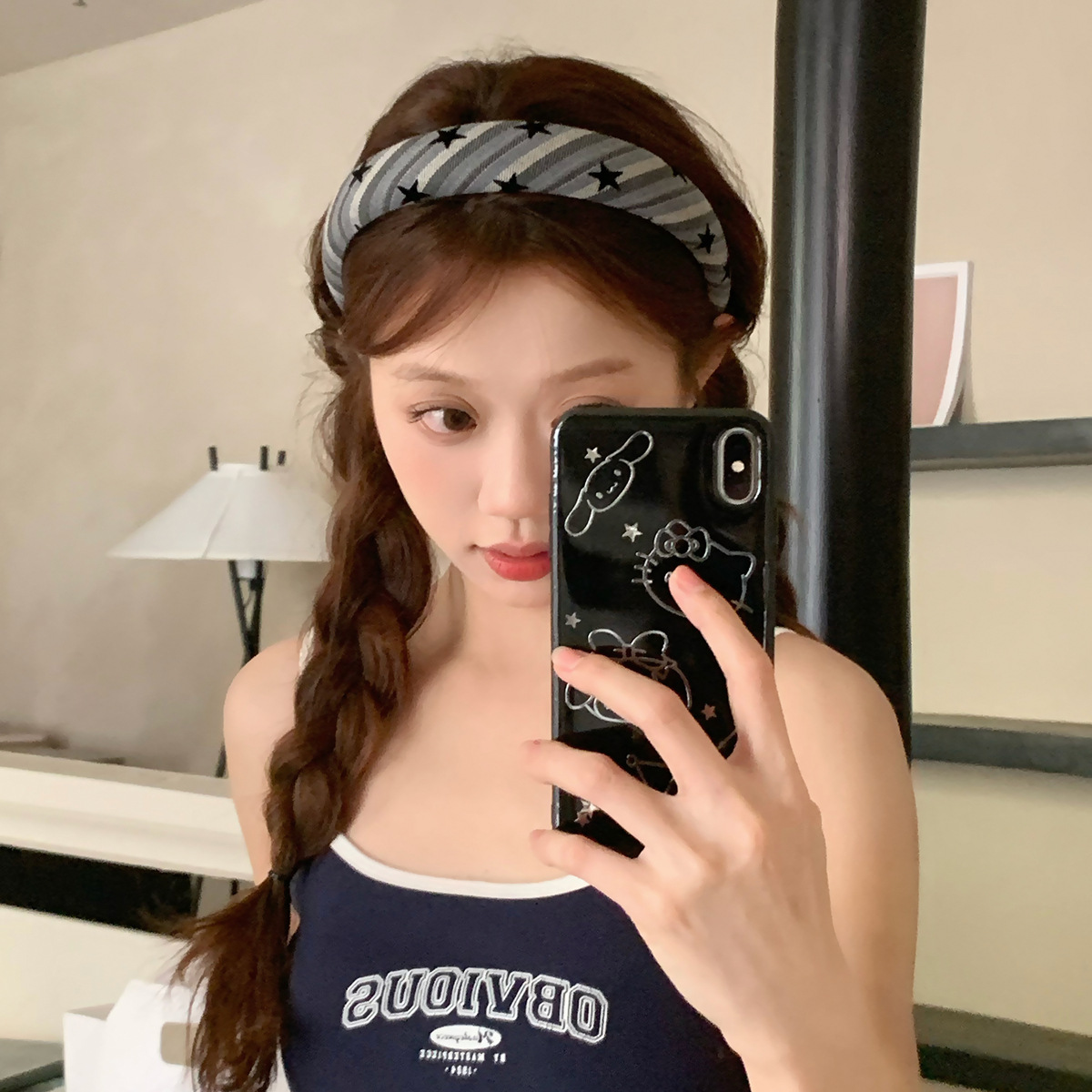 Retro flocado estrellas rayas esponja banda de cabello de la niña de borde ancho banda de cabeza de cráneo alto para presionar el cabello nuevo