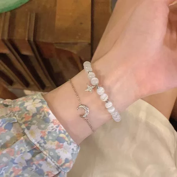 Summer Star and Moon Handmade Beaded Bracelet for Women, Pearl Ins Niche Style Jewelry, Simple Imitation Cat's Eye Stone Bracelet