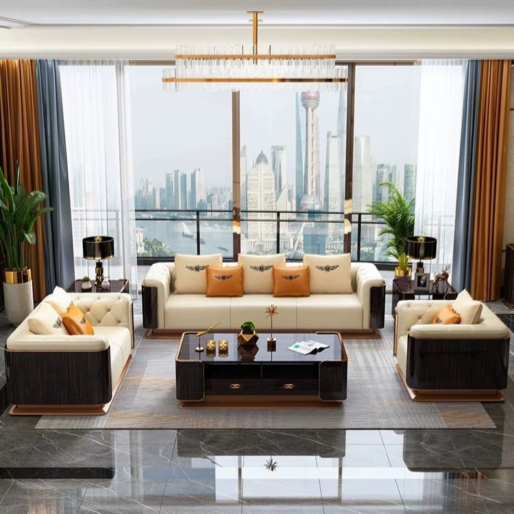 Итальянский стиль, легкая роскошь, элитная вилла, диван Bentley из натуральной кожи, большой плоский роскошный дом, диван большого размера.