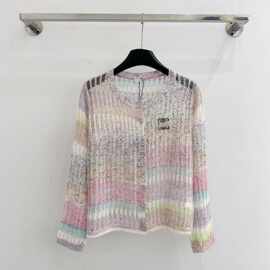 法式温柔彩虹条纹镂空针织开衫薄款马海毛圆领刺绣字母防晒小外套