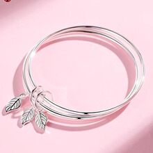 正品万足9999三生三世树叶银手镯女简约时尚手环饰品厂家批发直销