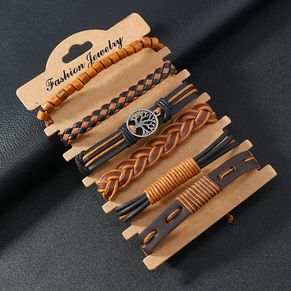 Retro Geometric Pu Leather Wooden Beads Beaded Men's Bracelets display picture 3