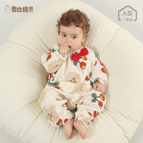 Baby thin gauze cotton one-piece spring and autumn newborn baby long-sleeved Category A pure cotton jumpsuit home crawling suit