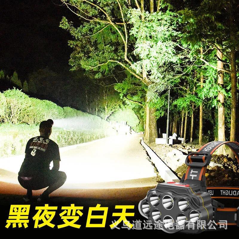 Ocho cabezas núcleo nuclear fuerte luz súper brillante faro USB recargable al aire libre ultra-larga espera de doble batería de litio linterna montada en la cabeza