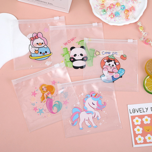 Transparent PE Snack Packaging Bag with Cute Cartoon Rubber Band Decorative Storage Bag for Unicorn Students Zipper Pouch