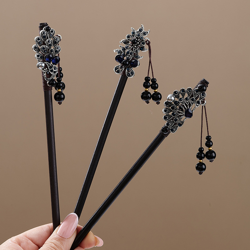 Dark Feng Shui Crystal Peacock Ancient Style Hairpin New Chinese Style Imitation Ebony Tassel Hairpin Ancient Style Cheongsam Hairpin Wooden Hairpin Dark Feng Shui Crystal Peacock Ancient Style Hairpin New Chinese Style Imitation Ebony Tassel Hairpin Ancient Style Cheongsam Hairpin Wooden Hairpin