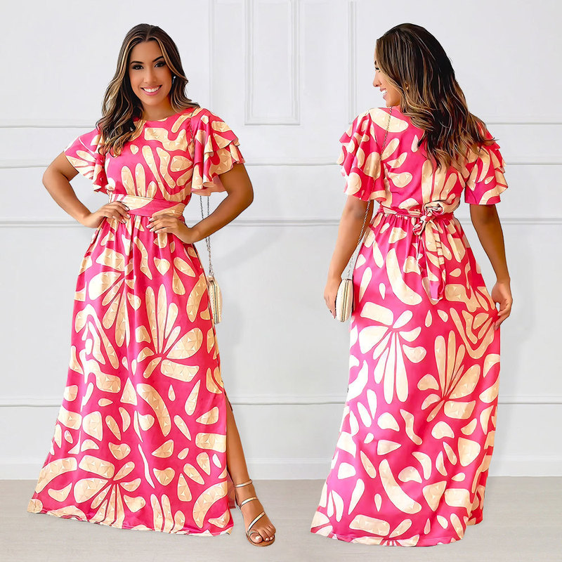 10421 Cross-border European and American Elegant Casual Spring and Summer Women's Printed Skirt Side Split Ear Short-sleeved Long Skirt