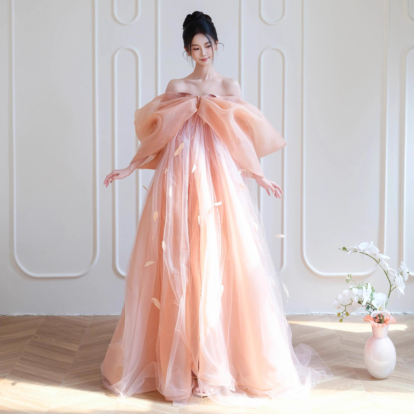 Pink Super Fairy Morning Gown Women's Bow Bridal Engagement Dress Toasting Dress Off-shoulder Birthday Feather dress