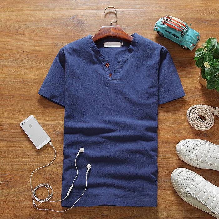 Camiseta de lino de manga corta traje deportivo de verano para hombre