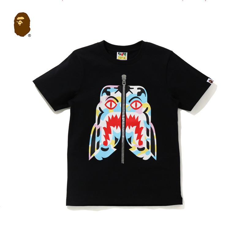 BAPE Women's Spring and Summer Tiger Zipper Letter Print Multicolor Camouflage Pattern Casual Sports Trendy Brand Short-sleeved T-shirt