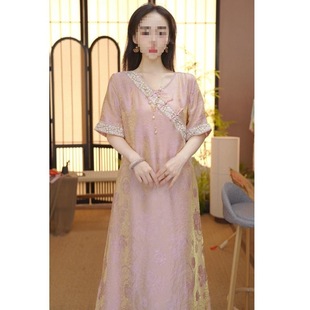 2025 New Chinese Style Improved Chinese Style Oblique Lapel Nightgown Women's Summer Loose Long Skirt Chinese Style Can Be Weared Outside Home Clothes