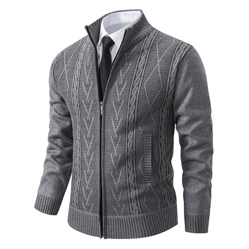 2025 Men's Autumn/Winter Stand Collar Knit Sweater with Embroidery, Outerwear Men's Thick Warm Casual Knit Shirt Trend