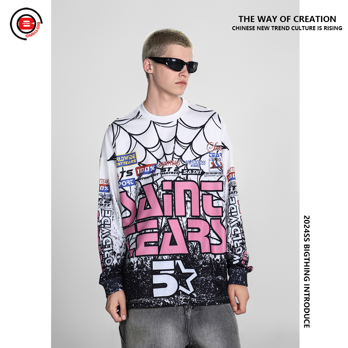 Herenkleding BIGTHING high street fashion merk Saint michael digitaal spinnenweb print lange mouwen onderkant shirt_voghion.com