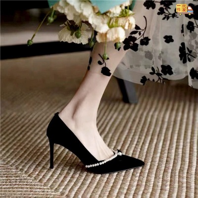 赫本黑色高跟鞋女细跟职业尖头法式珍珠尖头浅口时尚单鞋2022跨境